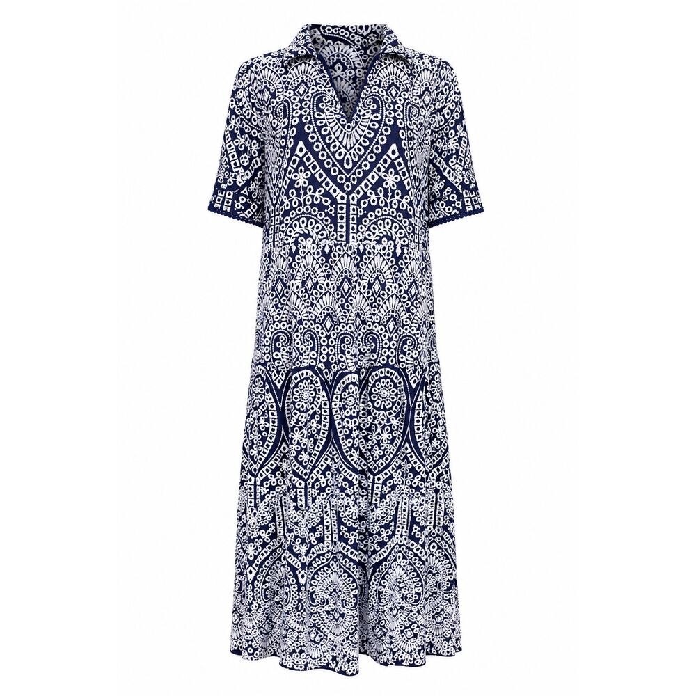 Chico’s Navy White Paisley Midi Dress Embroidered Look Collared Size Large Resor